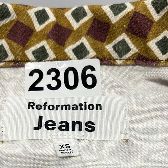 Reformation Cora Denim Jacket Retro Geometric Print XS Rare Sustainable - Picture 11 of 12